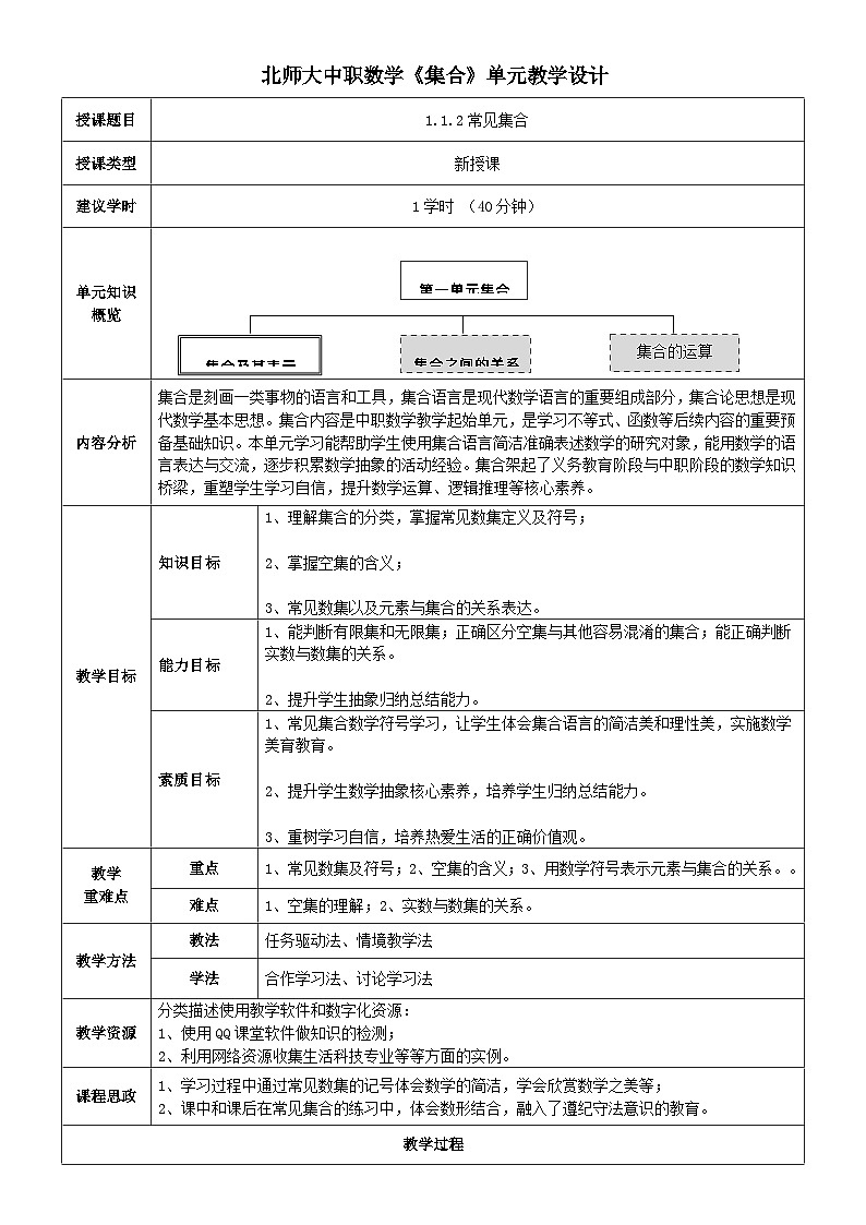 中职数学北师大版基础模块上册1.1.2 常见集合 课件+教案01