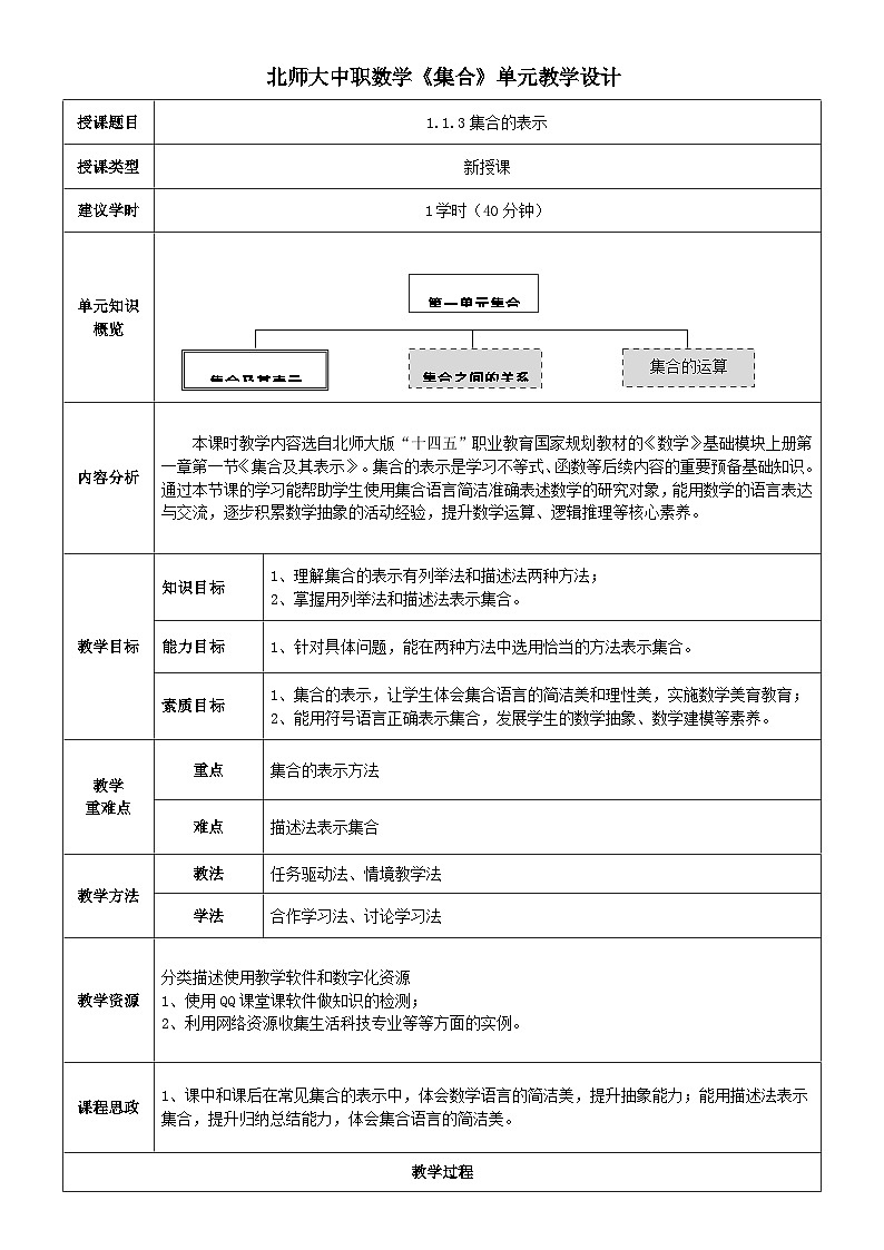 中职数学北师大版基础模块上册1.1.3 集合的表示 课件+教案01