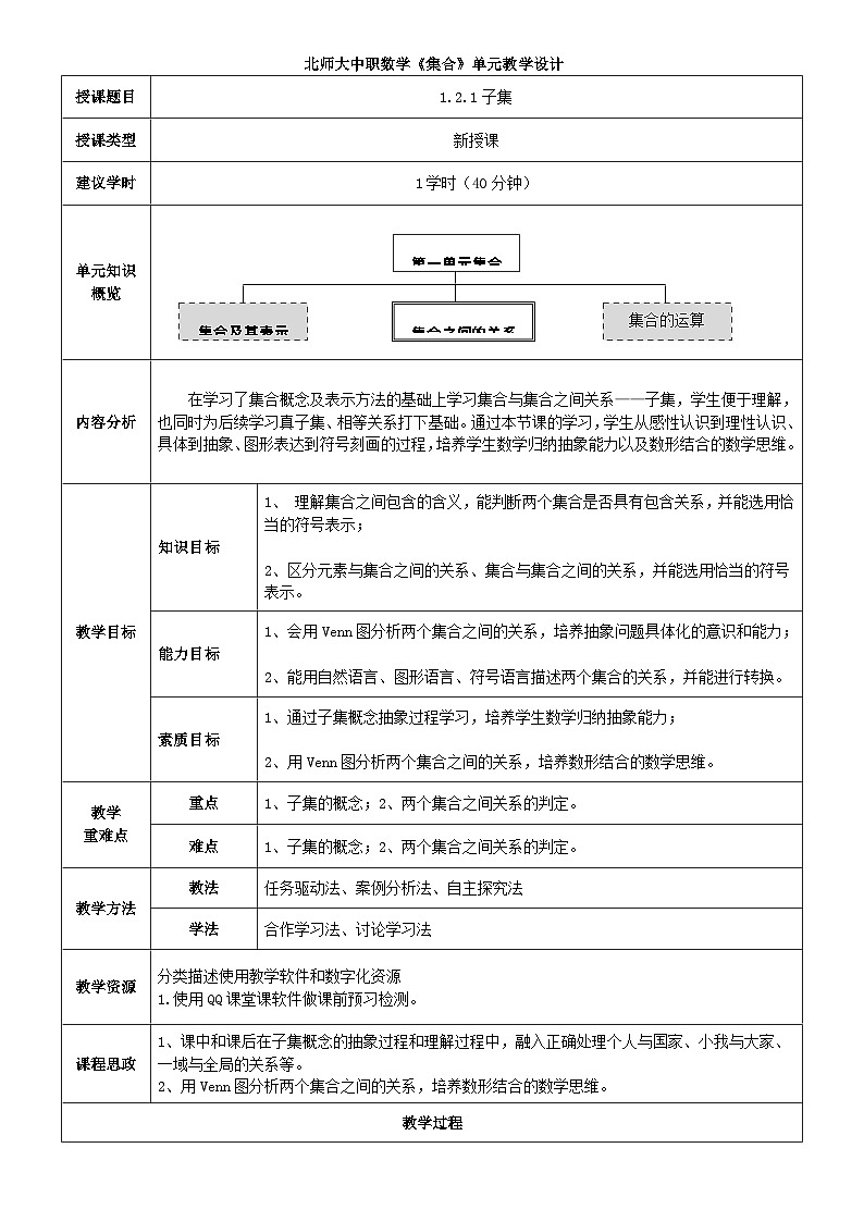 中职数学北师大版基础模块上册1.2.1 子集 课件+教案01