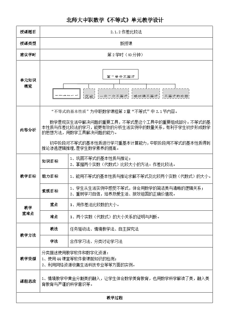 中职数学北师大版基础模块上册2.1.2 作差比较法 课件+教案01