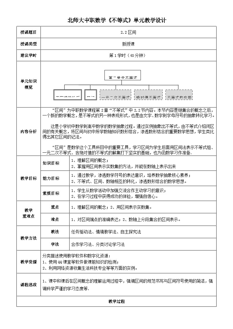 中职数学北师大版基础模块上册2.2 区间 课件+教案01