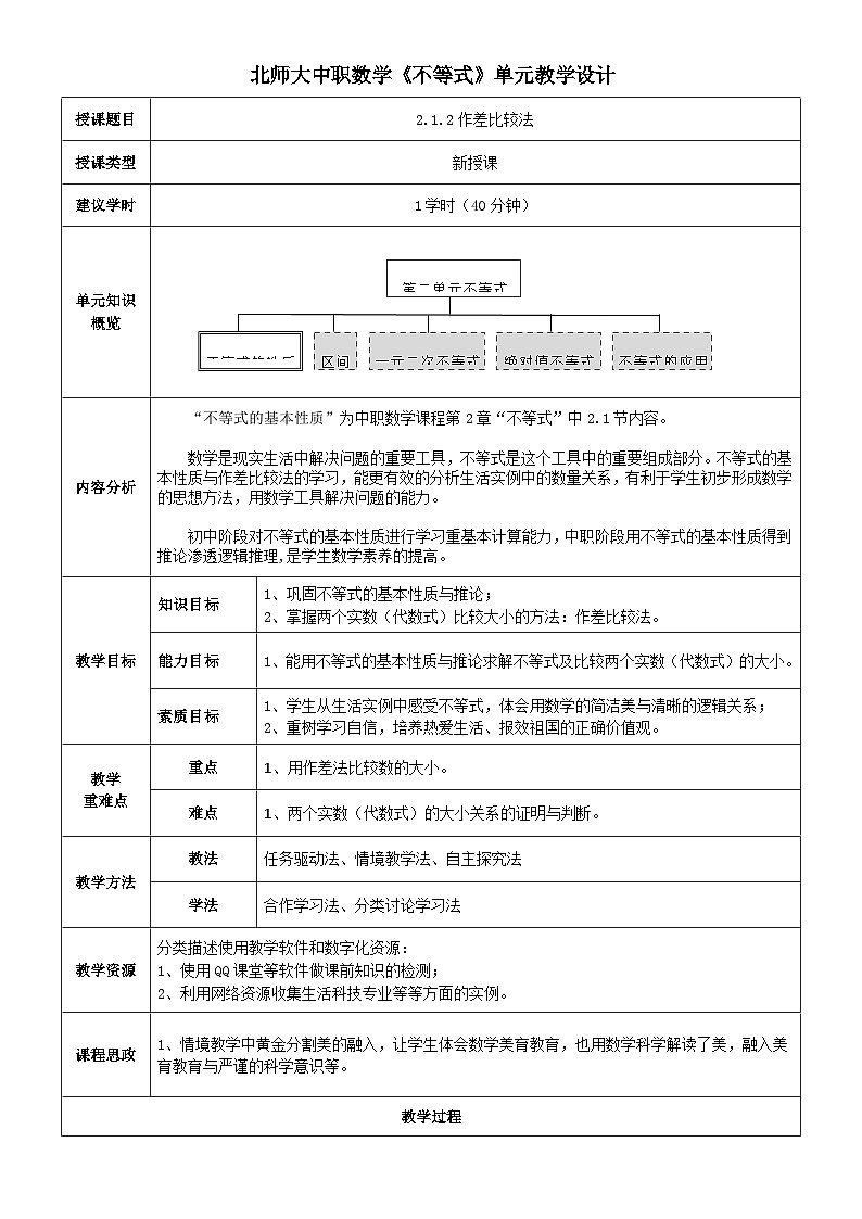 中职数学北师大版基础模块上册2.1.2 作差比较法 课件+教案01