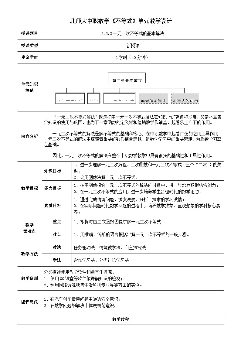 中职数学北师大版基础模块上册2.3.2 一元二次不等式的基本解法 课件+教案01