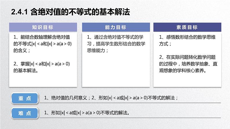 中职数学北师大版基础模块上册2.4.1 含绝对值的不等式的基本解法 课件+教案02