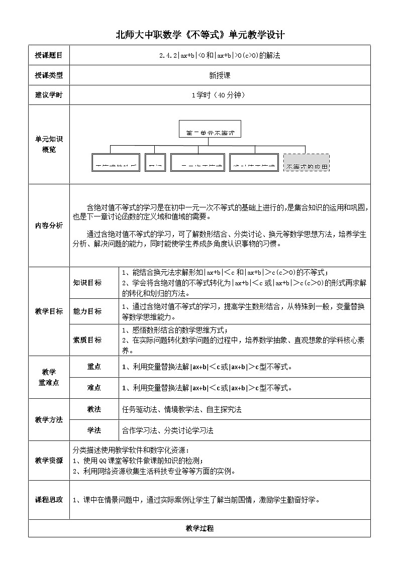 中职数学北师大版基础模块上册2.4.2 ｜ax+b｜＜ 0和｜ax+b｜＞0（c＞0)的解法 课件+教案01