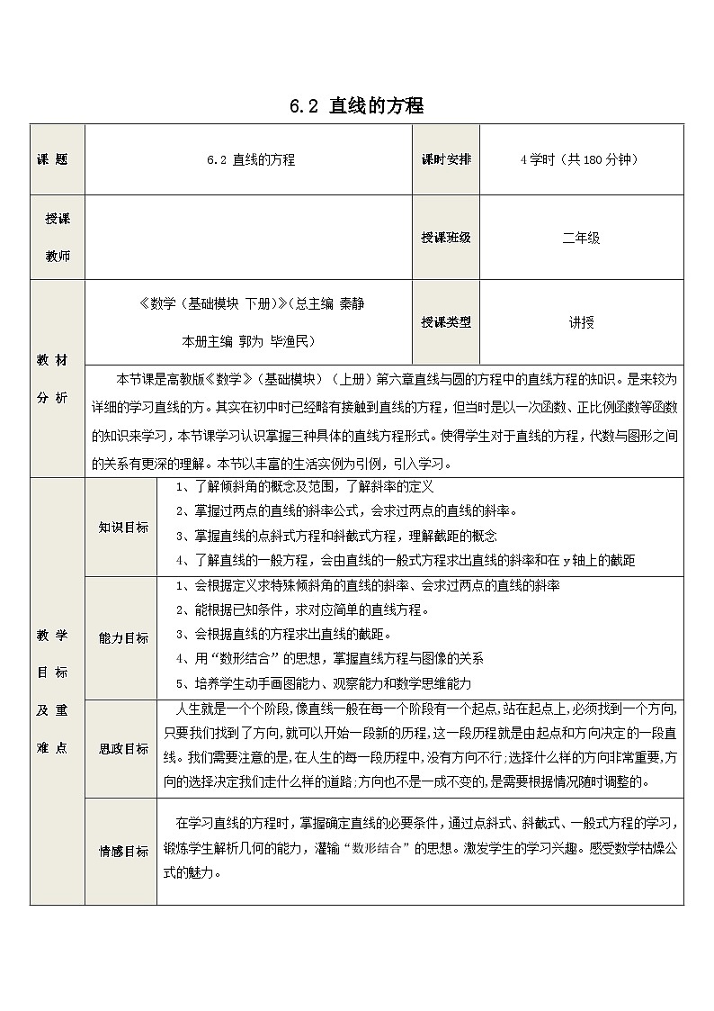 6.2 直线的方程-中职数学教学设计（高教版2021基础模块 下册）第1页