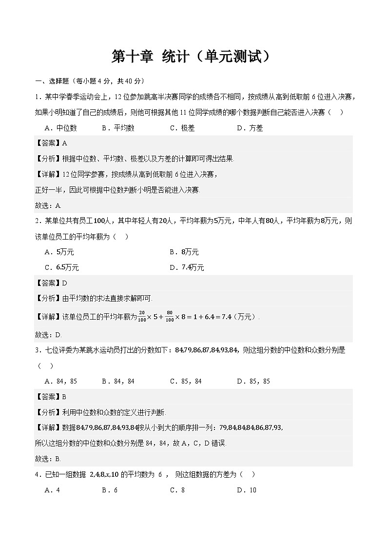 第10章 统计（单元测试）-【中职专用】高二数学同步课堂（高教版2021·拓展模块一下册）01