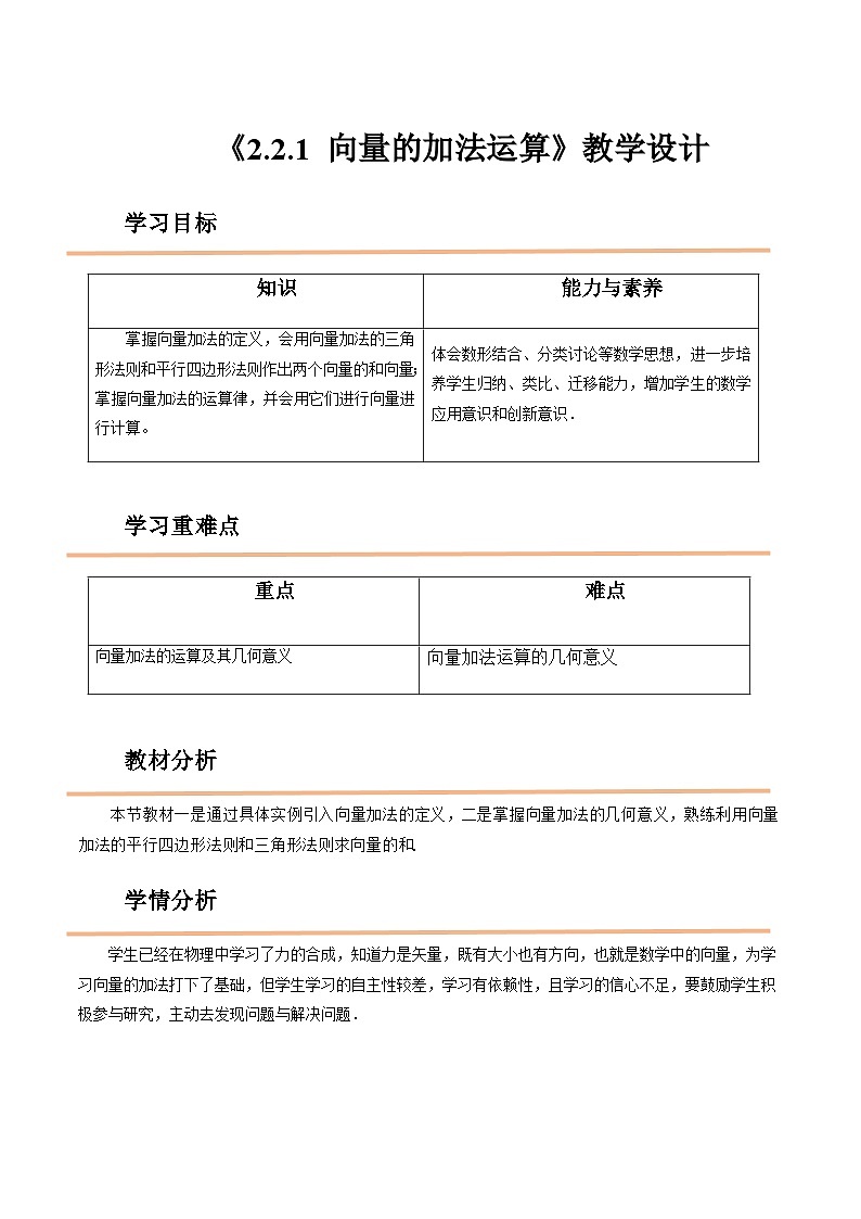 【中职教案】高教版（2021）数学基础模块一（上册）2.2.1《向量的加法运算》2课时 教案第1页