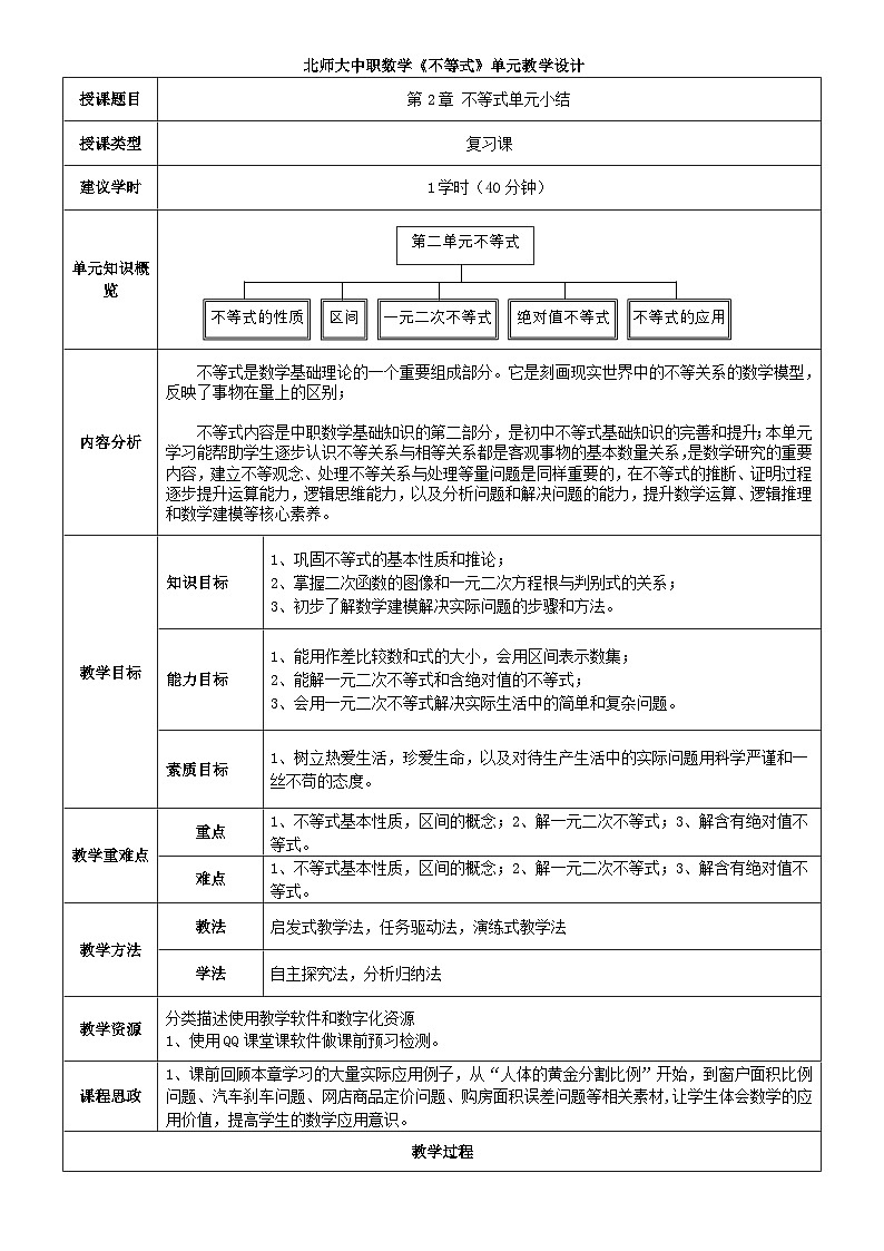 中职数学北师大版基础模块上册 第二章不等式 单元小结 课件+教案01