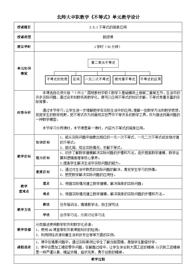 中职数学北师大版基础模块上册2.5.1 不等式的简单应用 课件+教案01
