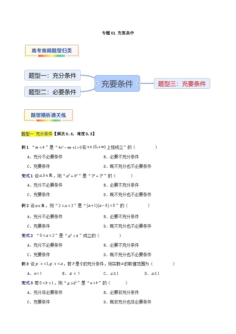 专题01 充要条件（三大题型）-【中职专用】中职高二数学题型精析通关练（高教版2023·拓展模块一上册）01