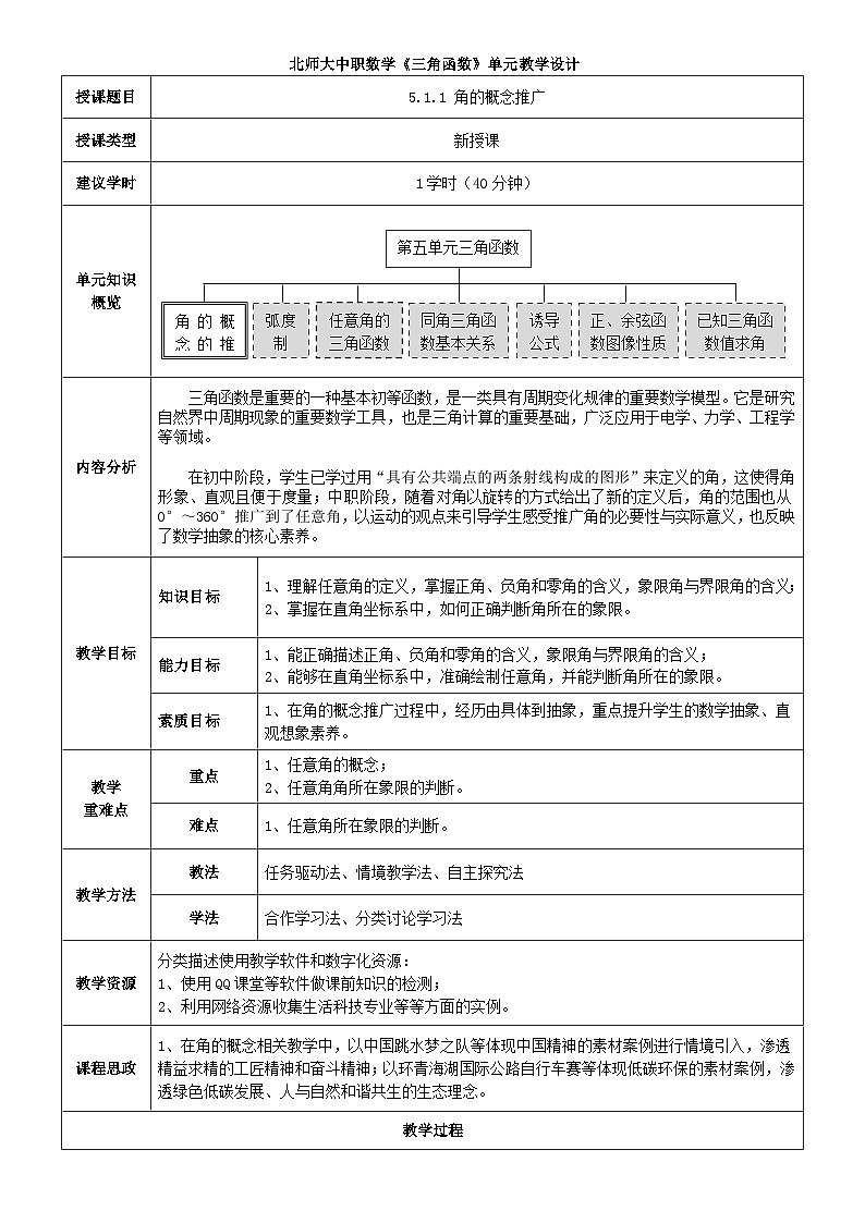 中职数学北师大版基础模块上册5.1.1 角的概念推广 课件+教案01