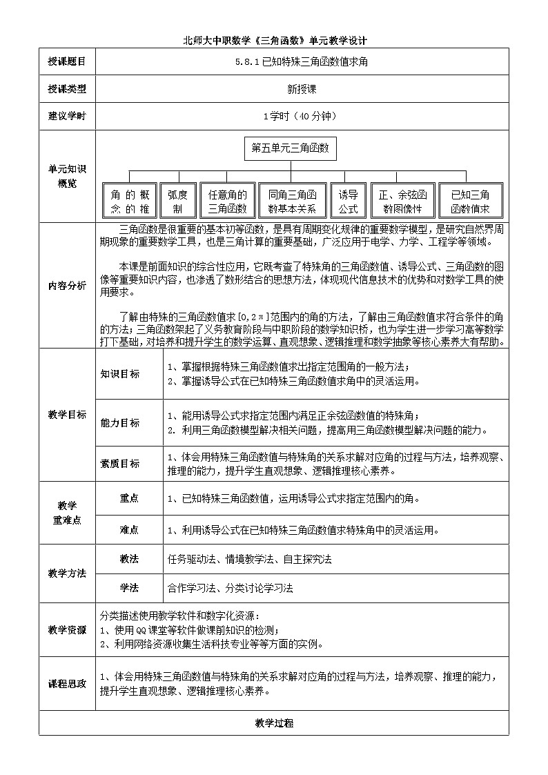 中职数学北师大版基础模块上册5.8.1 已知特殊三角函数的值求角 课件+教案01