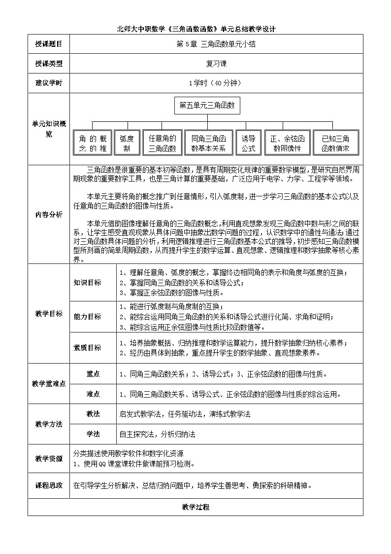 中职数学北师大版基础模块上册 第五章 三角函数 单元小结 课件+教案01