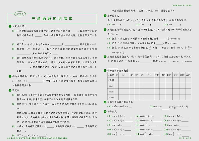 三角函数知识清单latex完整版第1页