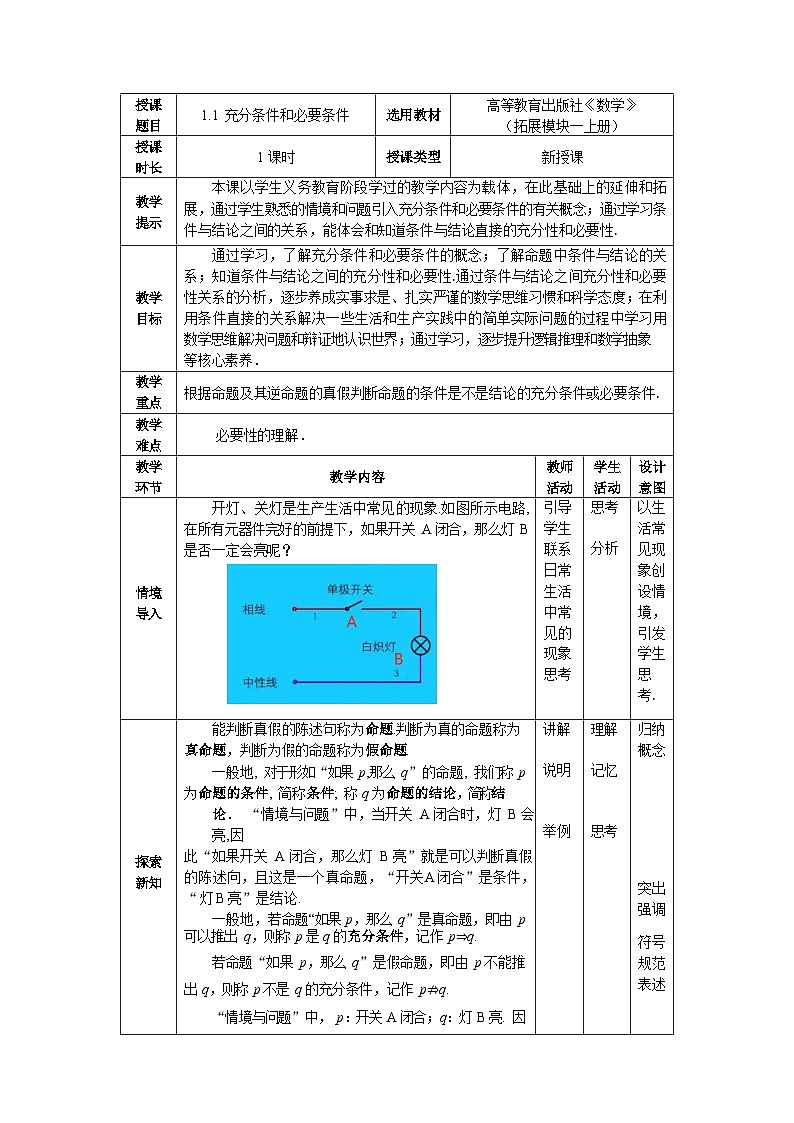 1.1充分条件和必要条件 中职数学高教版（2021~十四五）拓展模块一上册教案第1页