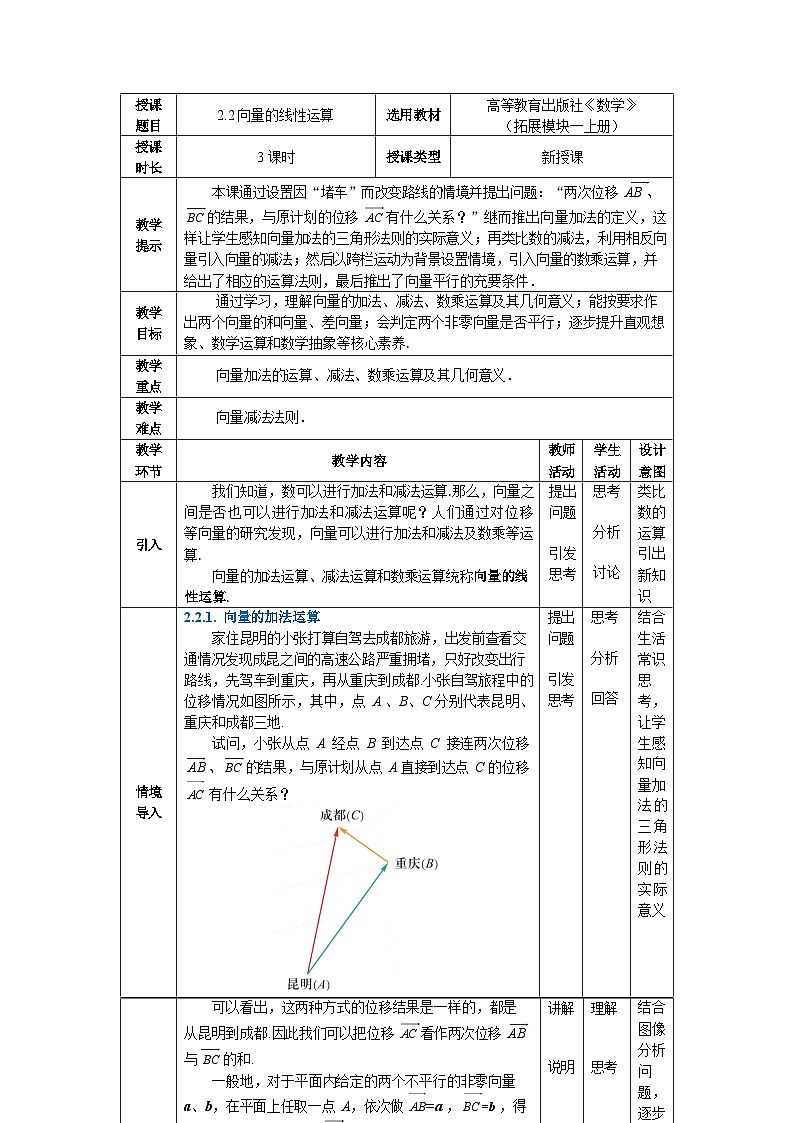2.2向量的线性运算 中职数学高教版（2021~十四五）拓展模块一上册教案第1页