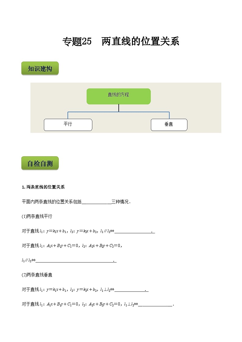 中职高考数学二轮复习专项突破练习专题25  两直线的位置关系（含答案）第1页