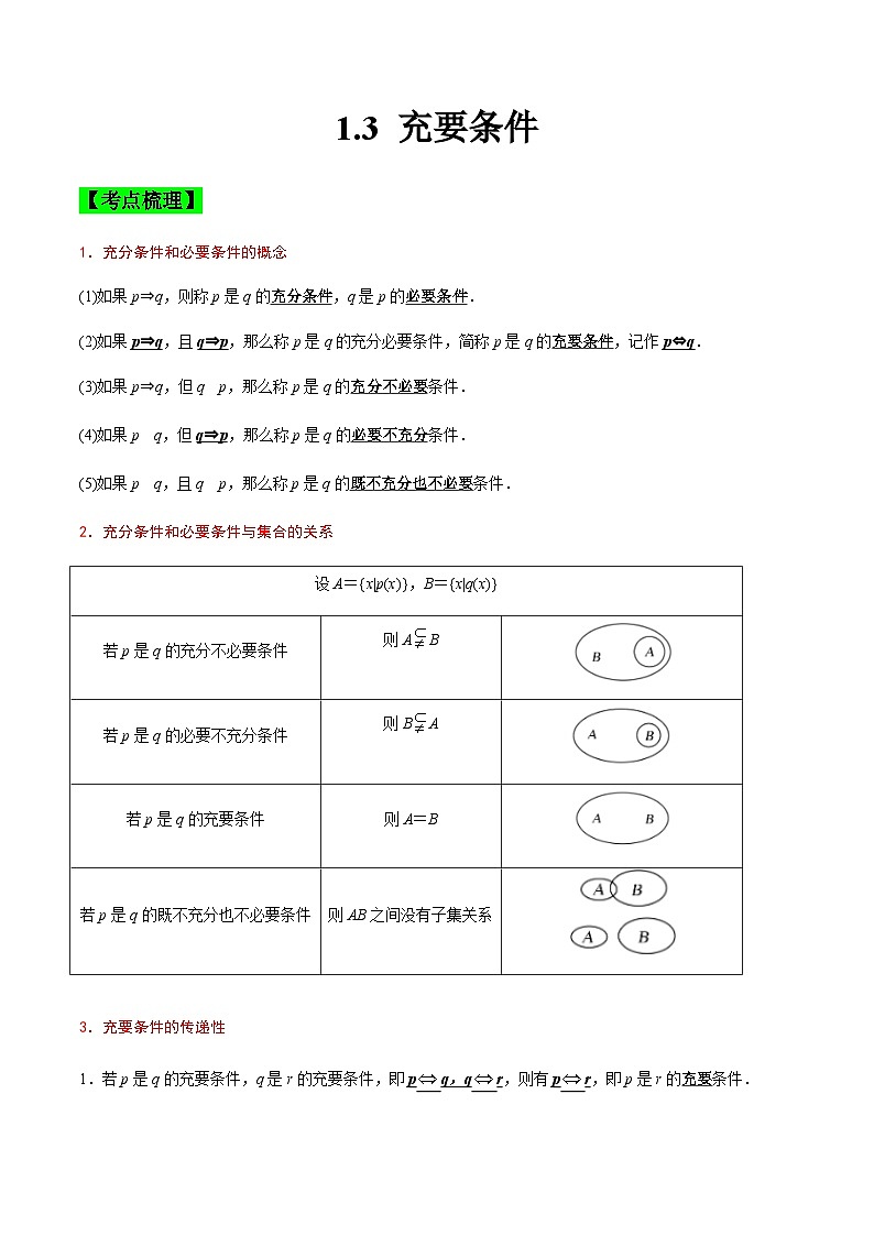 中职高考数学一轮复习讲练测1.3 充要条件（讲）（解析版）第1页