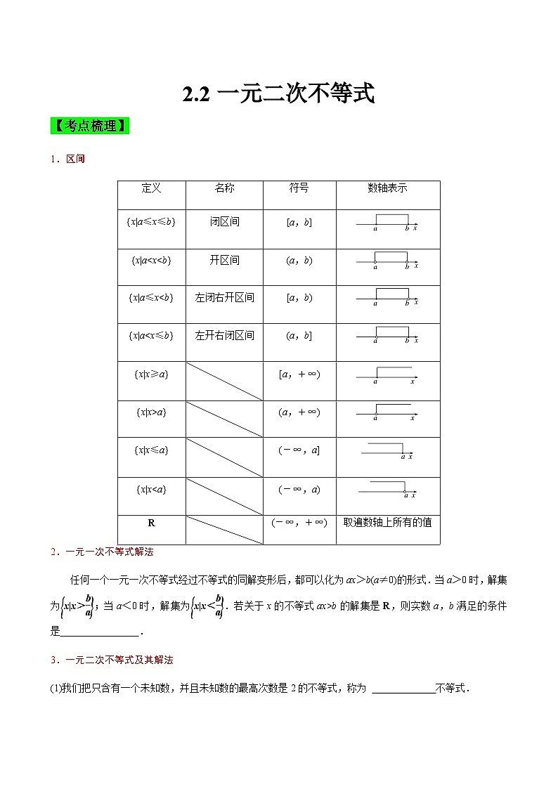 中职高考数学一轮复习讲练测2.2 一元二次不等式（讲）（原卷版）第1页
