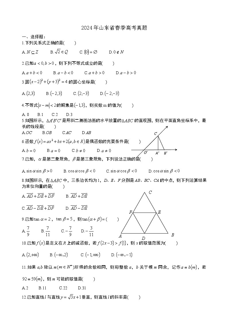 2024年山东省春季高考数学试题及答案第1页