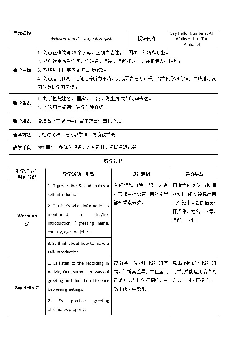 外研版（2021）中职英语基础模块1 Welcome Unit Let's Speak English!  教案（2课时，表格式）01