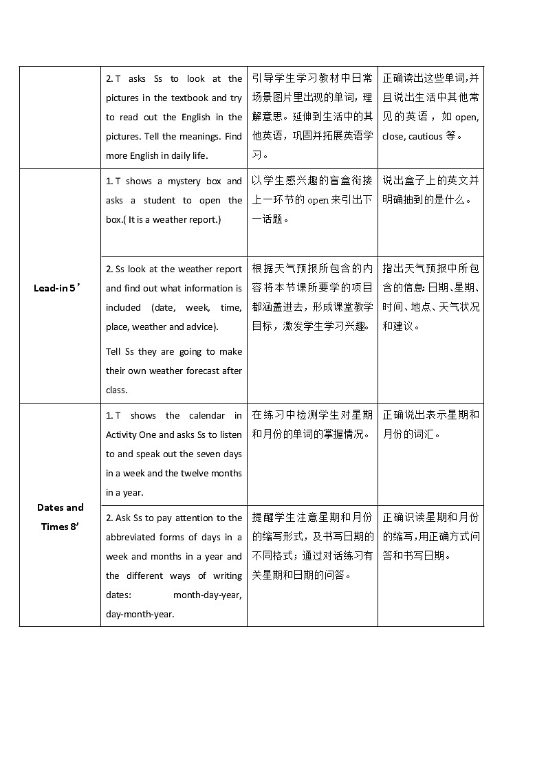 外研版（2021）中职英语基础模块1 Welcome Unit Let's Speak English!  教案（2课时，表格式）02