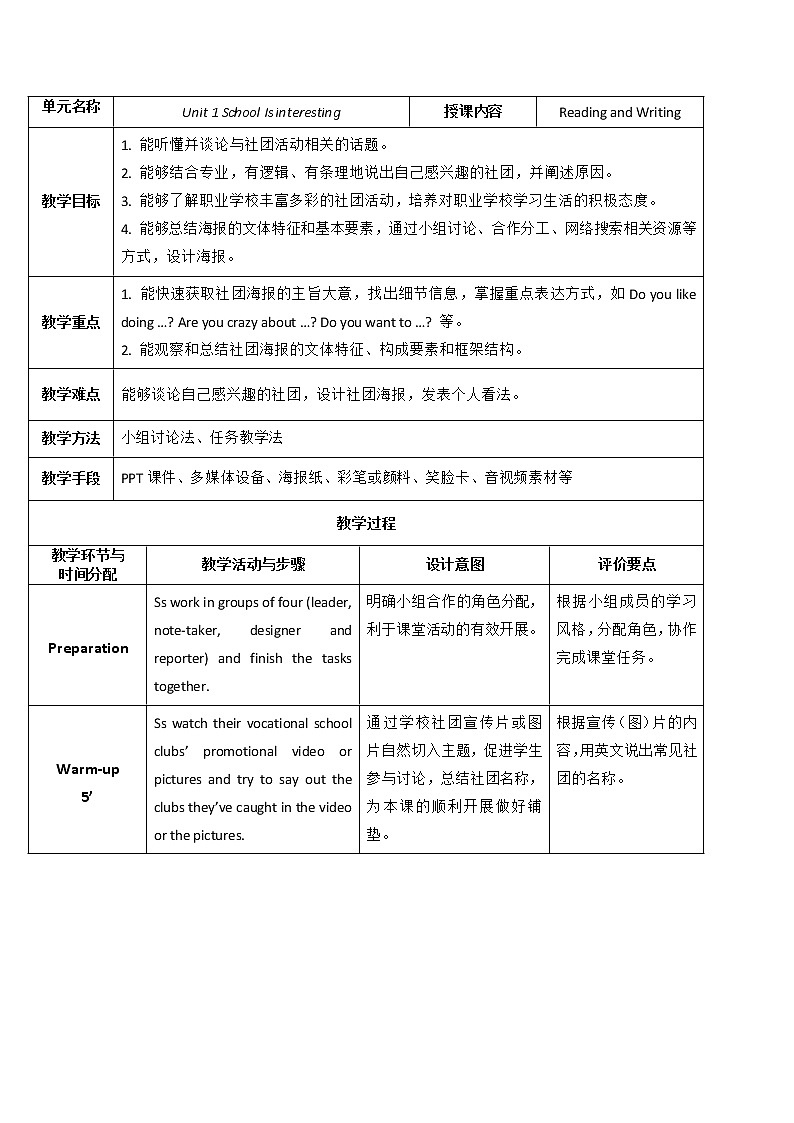 外研版（2021）中职英语基础模块1 Unit 1 School Is Interesting Reading&Writing  教案（2课时，表格式）01