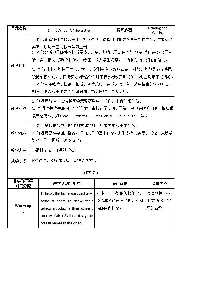 外研版（2021）中职英语基础模块1 Unit 1 School Is Interesting Reading&Writing  教案（2课时，表格式）01