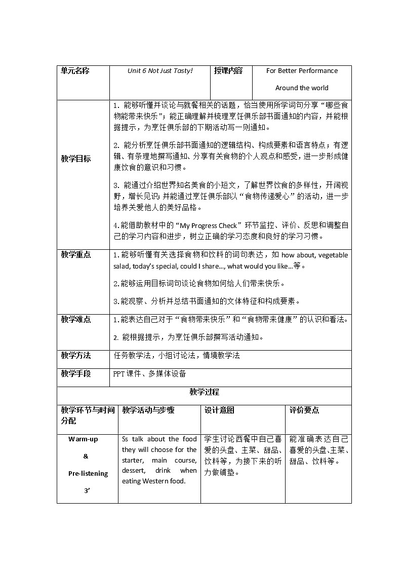 外研版（2021）中职英语基础模块1 Unit 6 Not Just Tasty For Better Performance,Around the world 教案（表格式）01