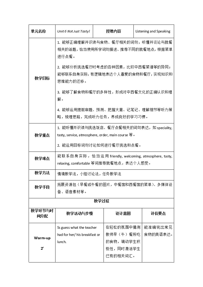 外研版（2021）中职英语基础模块1 Unit 6 Not Just Tasty Listening and Speaking 教案（表格式）01