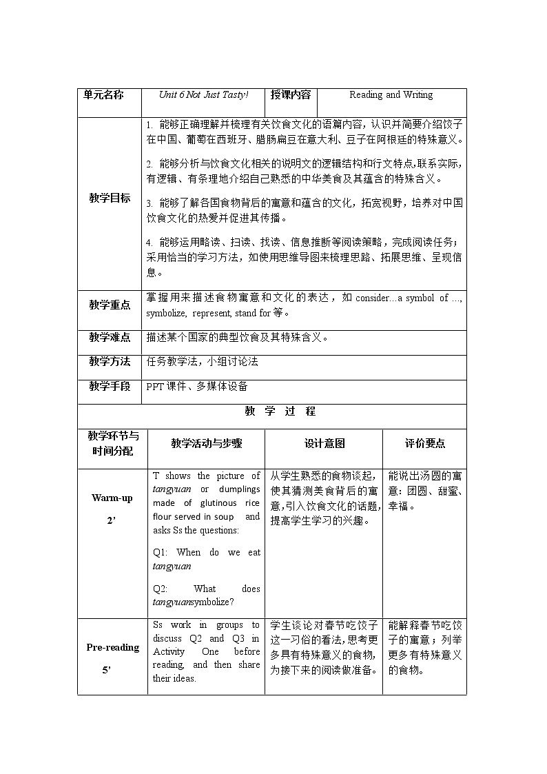 外研版（2021）中职英语基础模块1 Unit 6 Not Just Tasty Reading and Writing 教案（2课时，表格式）01