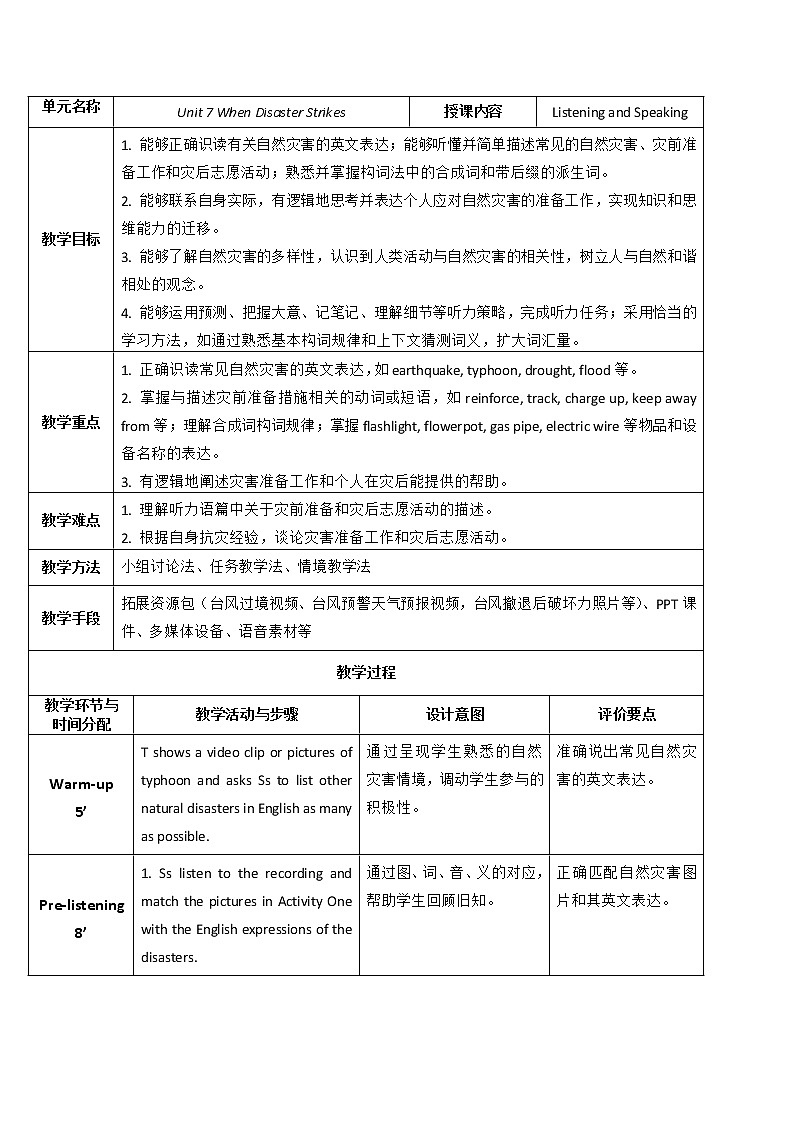 外研版（2021）中职英语基础模块1 Unit 7 When Disaster Strikes Listening&Speaking 教案（表格式）01