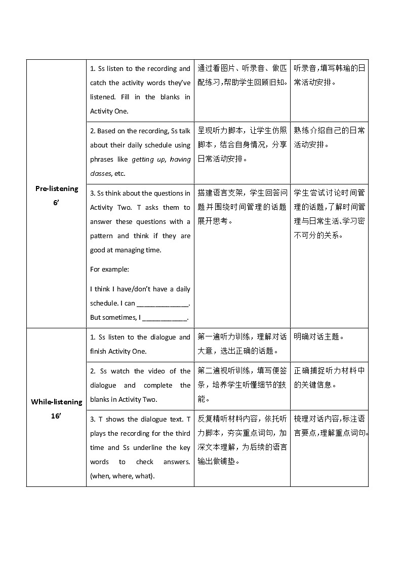 Unit 2 Time Really Matter P1 Listening and speaking 教案（表格式）02