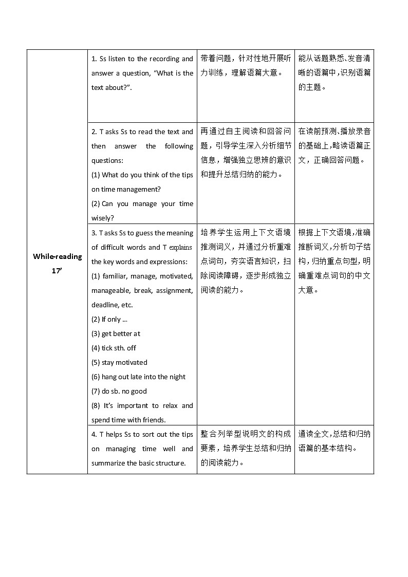 Unit 2 Time Really Matter P2 Reading and writing (1) 教案（表格式）02