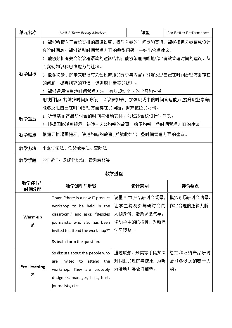 Unit 2 Time Really Matter P4 For better performance 教案（表格式）01