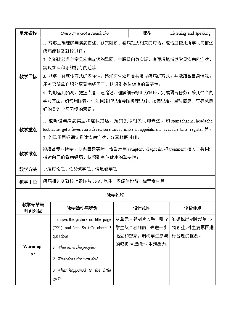 Unit 3 I've Got a Headache P1 Listening and Speaking 教案（表格式）01