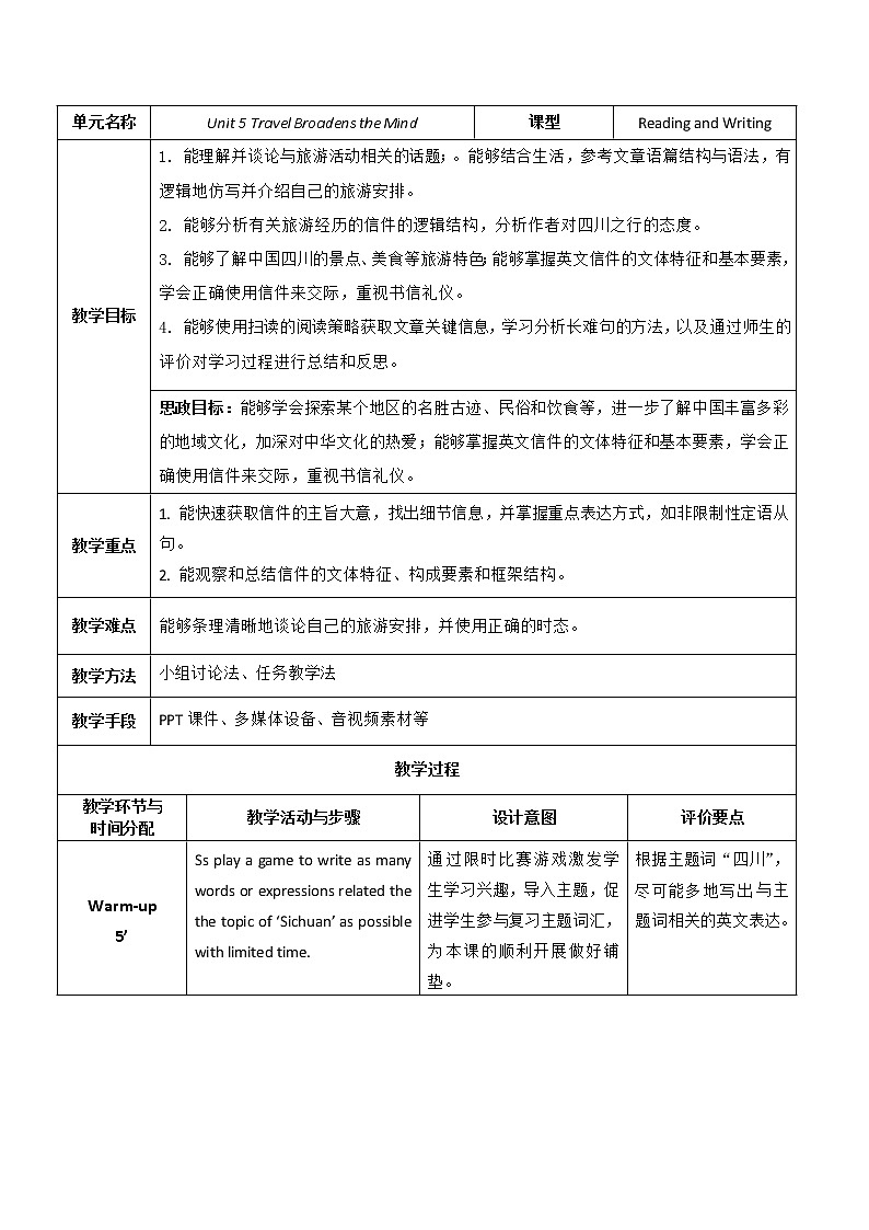 Unit 5 Travels Broadens the Mind P3 Reading and Writing (2) 教案（表格式）01