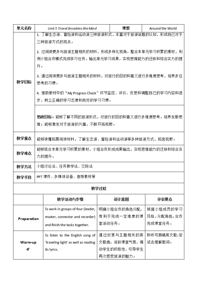 Unit 5 Travels Broadens the Mind P5 Around the World&Fun Time 教案第1页