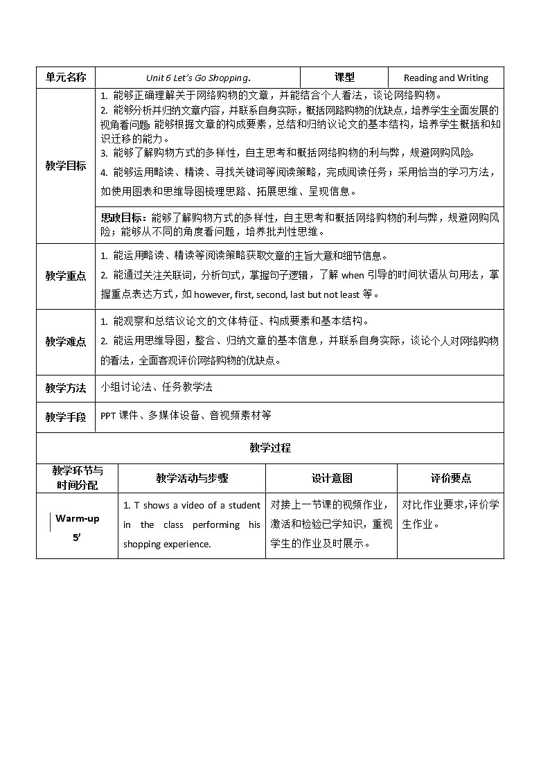 Unit 6 Let's Go Shopping P2 Reading and Writing (1) 教案（表格式）01