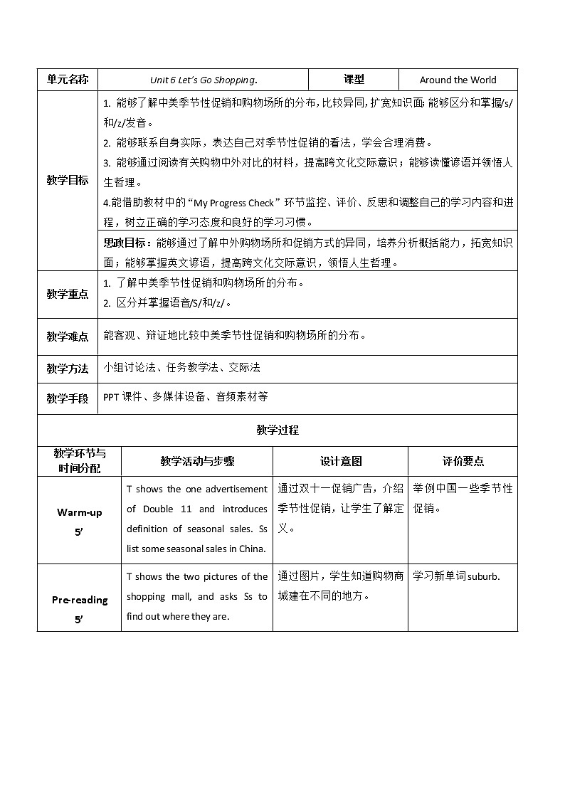Unit 6 Let's Go Shopping P5 Around the World&Fun Time 教案（表格式）01