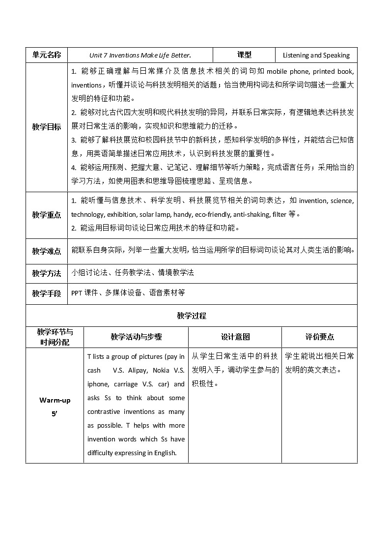 Unit 7 Inventions Make Life Better P1 Listening and Speaking 教案（表格式）01