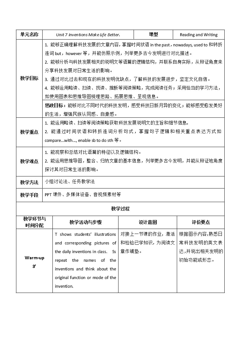 Unit 7 Inventions Make Life Better P2 Reading and Writing (1) 教案（表格式）01