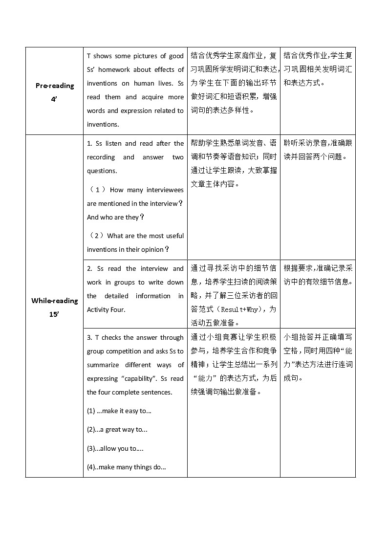 Unit 7 Inventions Make Life Better P3 Reading and Writing (2) 教案（表格式）02