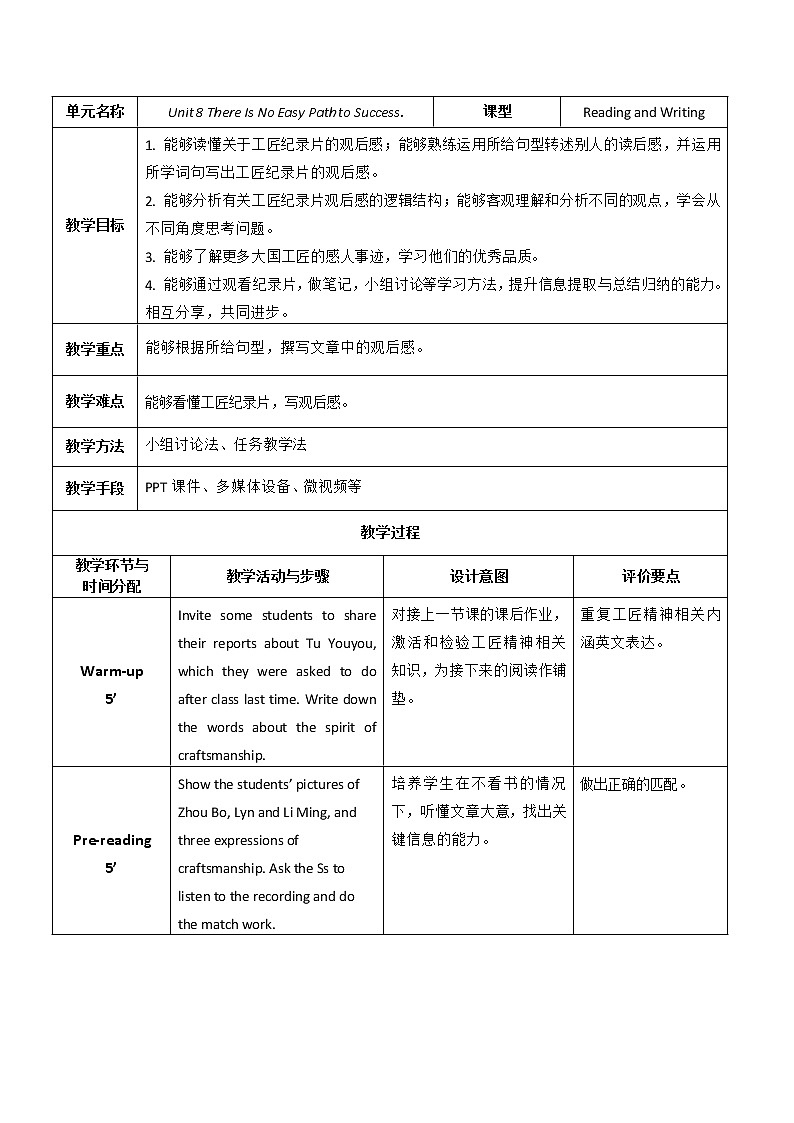 Unit 8 There Is No Easy Path to Success P3 Reading and Writing(2) 教案（表格式）01