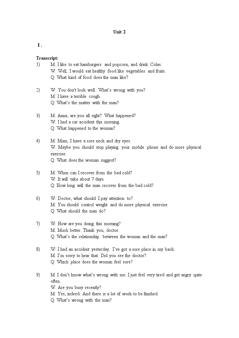 Unit 2 Health and Fitness -中职英语高教版（2021）基础模块2  单元测试题+答案+音频01