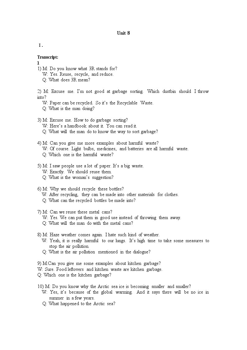 Unit 8 Green Earth -中职英语高教版（2021）基础模块2  单元测试题+答案+音频01