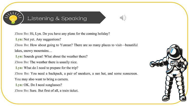外研版(2021)中职高一英语基础模块2 Unit 5 Listening and Speaking 课件06
