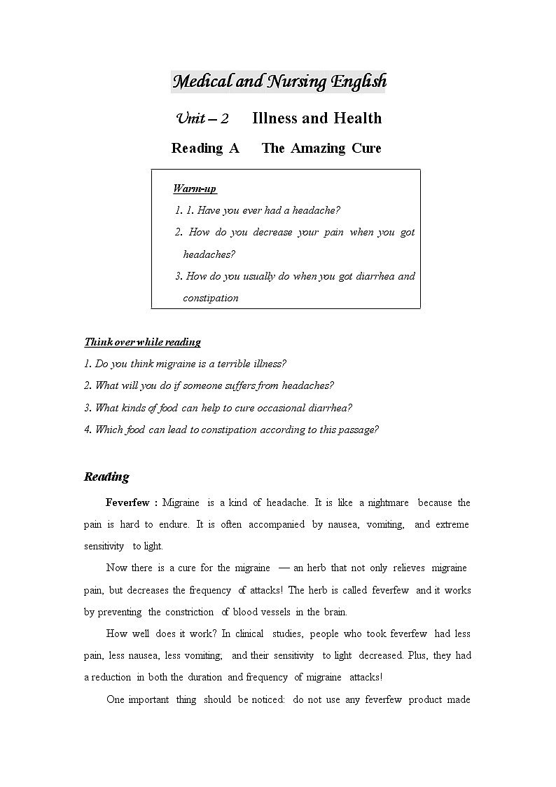 医护英语 Unit 2-1 Illness and Health -ReadingA The Amazing Cure 原文+练习第1页