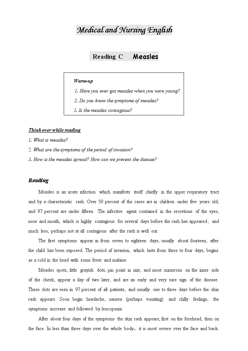 医护英语 ReadigC-2 Measles 原文+练习+学案+答案01
